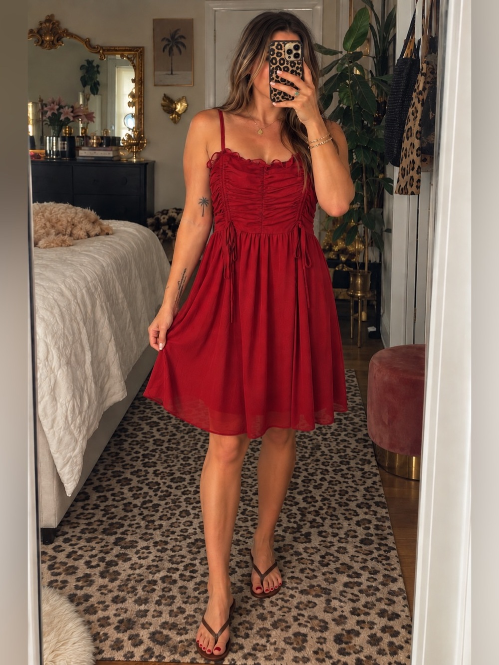 ASTR The Label Size L Burgundy Ruched Ruffle Dress